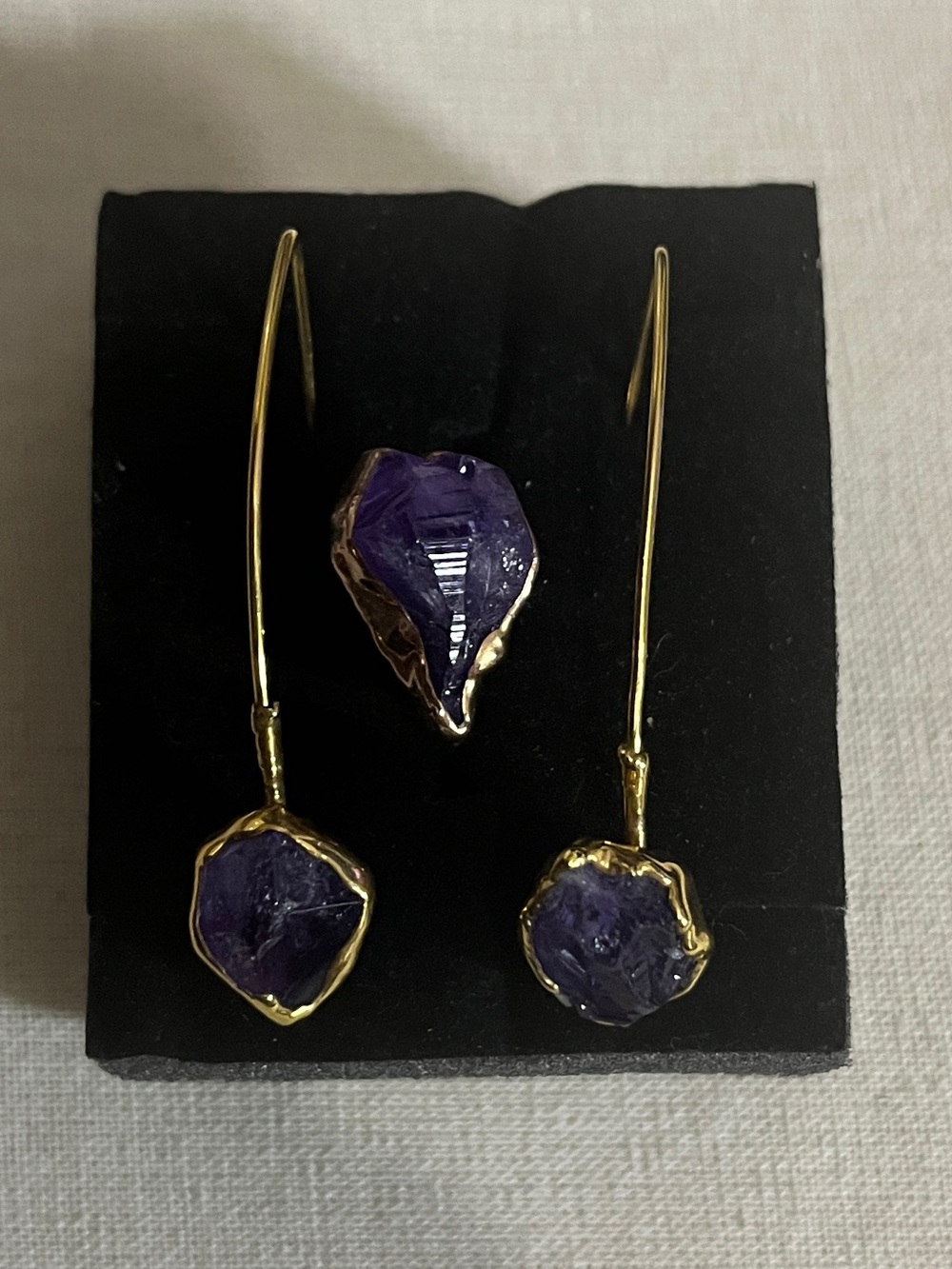 Ringcrush 24K Gold Filled Amethyst Ring and Drop Earring Set